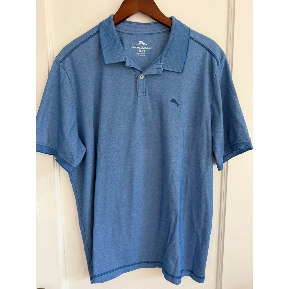 Tommy Bahama Polo Shirt Mens XL Blue Short Sleeve Marlin Logo Heathered Casual